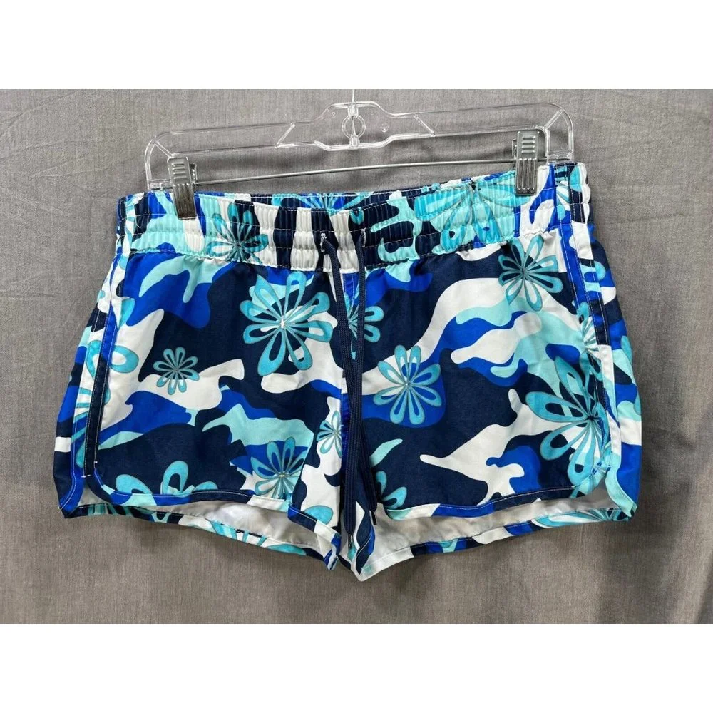Old Navy Shorts Womens Medium‎ Blue White Drawstrings Floral Tropical Ladies.